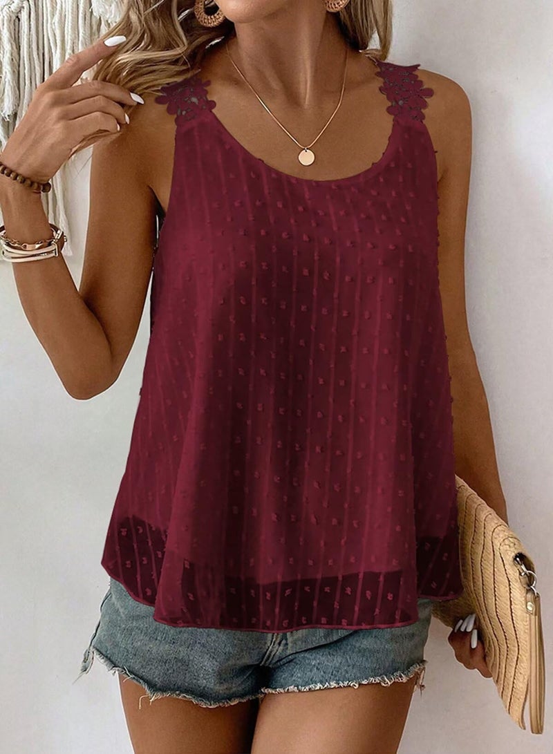 Falechay Camisole Tops for Women Trendy Casual Summer Crew Neck Sleeveless Lace Crochet Eyelet Top Babydoll Flowy Swiss Dot Blouse Bohemian Burgundy Fall Plus Size Shirts Vacation XL - Image 4