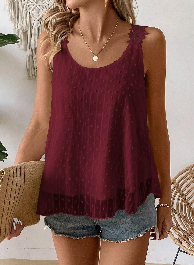 Falechay Camisole Tops for Women Trendy Casual Summer Crew Neck Sleeveless Lace Crochet Eyelet Top Babydoll Flowy Swiss Dot Blouse Bohemian Burgundy Fall Plus Size Shirts Vacation XL - Image 2