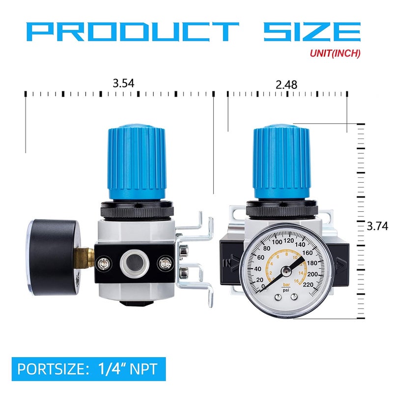 NANPU 1/4" NPT High Pressure Air Regulator with Steel-Protected Gauge, 56-SCFM 230Psi (LR-02) - Image 3