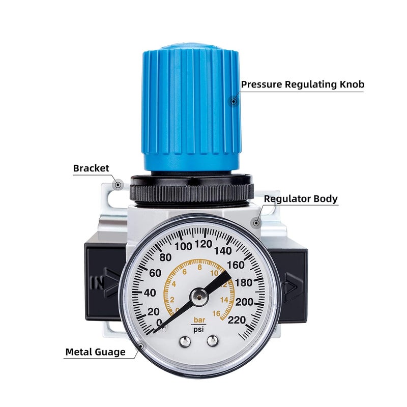 NANPU 1/4" NPT High Pressure Air Regulator with Steel-Protected Gauge, 56-SCFM 230Psi (LR-02) - Image 2