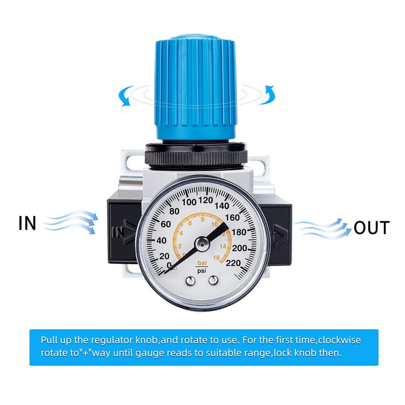 NANPU 1/4" NPT High Pressure Air Regulator with Steel-Protected Gauge, 56-SCFM 230Psi (LR-02) - Image 4