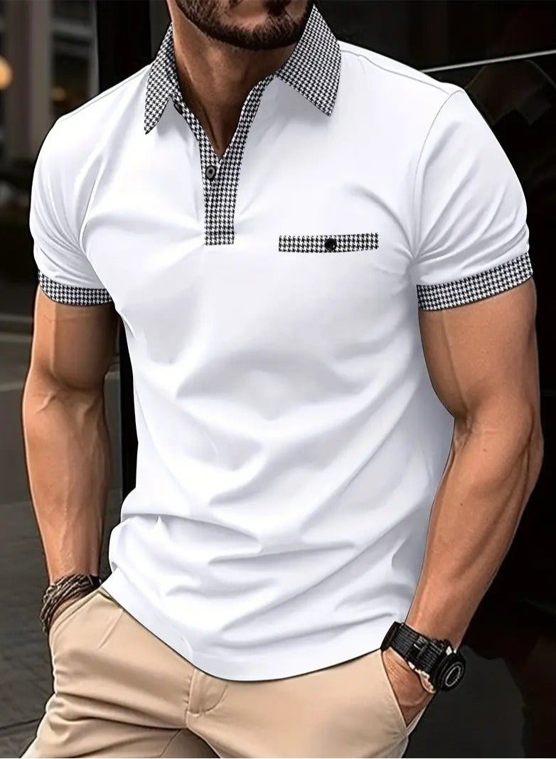 NIBEMINENT Houndstooth Casual Slightly Stretch Button Up Short Sleeve Shirt, Men's Shirt For Summer  - Image 1