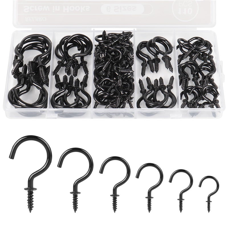 RELBRO Screw Hooks 6 Sizes Metal Screw in Cup Hooks 12 Inch 58 Inch 34 Inch 78 Inch 1 Inch 114 Inch Black 110 Pcs