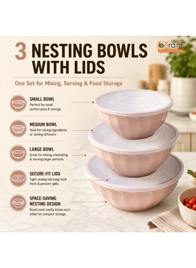 3 Piece Light Pink Mixing Bowl Set with Lids Stackable Nesting Food Storage Meal Preparation Salad Serving Bowls 1.3L 2.2L 3.4L Microwave Dishwasher Safe Space Saving Kitchen Organization - Image 2
