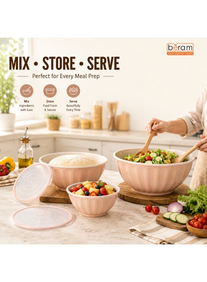 3 Piece Light Pink Mixing Bowl Set with Lids Stackable Nesting Food Storage Meal Preparation Salad Serving Bowls 1.3L 2.2L 3.4L Microwave Dishwasher Safe Space Saving Kitchen Organization - Image 3