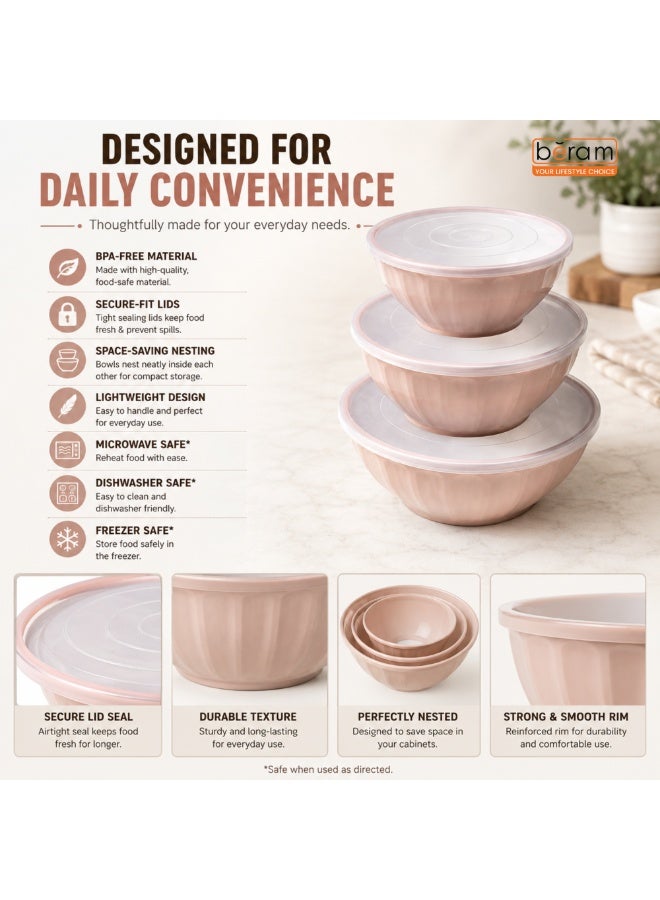 3 Piece Light Pink Mixing Bowl Set with Lids Stackable Nesting Food Storage Meal Preparation Salad Serving Bowls 1.3L 2.2L 3.4L Microwave Dishwasher Safe Space Saving Kitchen Organization - Image 4