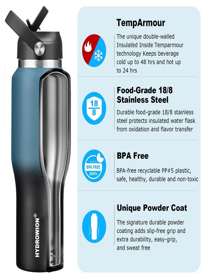 HYDROWION Insulated Water Bottles, Water Bottle fits in Car Cup Holder (Cold 48 hrs, Hot 24 hrs) with Straw Lid, Spout Lid and Flex Cap,T-shpaed Water Bottle Leakproof Travel Thermo Tumbler,Blue&Black - Image 2