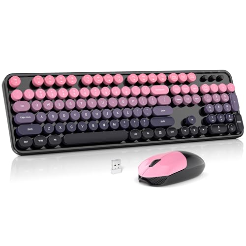 MOWUX Wireless Keyboard and Mouse Combo, MOWUX Full Size Typewriter Retro Round Computer Keyboard, Cute Optical Mouse Wireless, Plug and Play, for Laptop, PC, Computer- Plum Pink Gradient - Image 1
