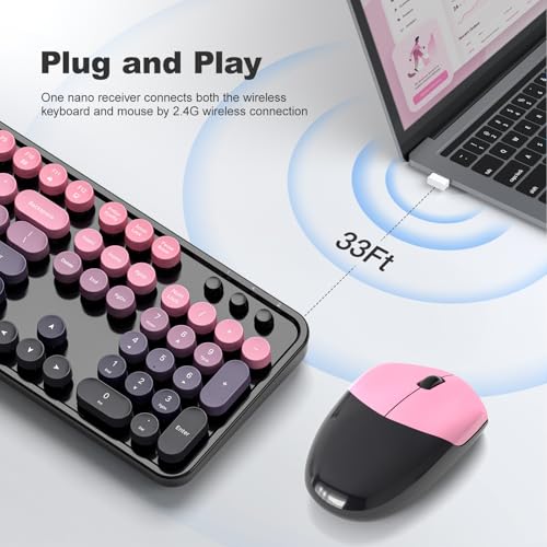 MOWUX Wireless Keyboard and Mouse Combo, MOWUX Full Size Typewriter Retro Round Computer Keyboard, Cute Optical Mouse Wireless, Plug and Play, for Laptop, PC, Computer- Plum Pink Gradient - Image 2
