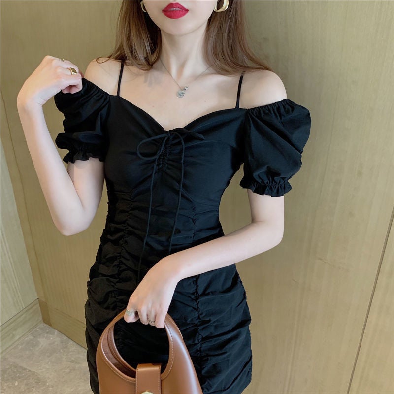 Pure Desire Wind Pleated Bag Hip Skirt Summer 2025 New Waist Slim-fit Small Black Skirt French Elegant dress 8939#Black 