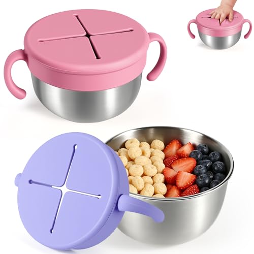 URMYWO Snack Cups, 2 Pack Stainless Steel Toddler Snack Containers, Spill-Proof Snack Bowls, Silicone Removable Lids & Handles, Food Storage Containers, Dishwasher Safe Snack Container, Baby Shower Gifts - Image 1