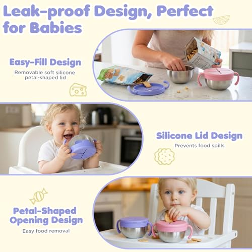 URMYWO Snack Cups, 2 Pack Stainless Steel Toddler Snack Containers, Spill-Proof Snack Bowls, Silicone Removable Lids & Handles, Food Storage Containers, Dishwasher Safe Snack Container, Baby Shower Gifts - Image 3