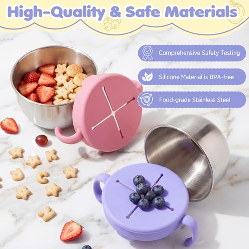 URMYWO Snack Cups, 2 Pack Stainless Steel Toddler Snack Containers, Spill-Proof Snack Bowls, Silicone Removable Lids & Handles, Food Storage Containers, Dishwasher Safe Snack Container, Baby Shower Gifts - Image 2