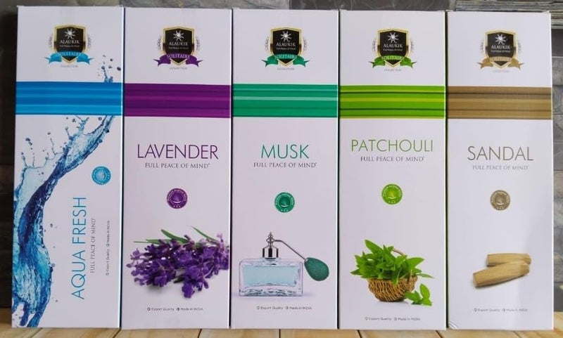 ALAUKIK Alaukik Solitaire Incense Sticks for Pooja Combo Pack of 5 Aqua Fresh Lavender Musk Patchouli Sandal 90 GM x 5450 gm - Image 1