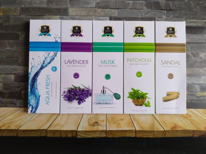 ALAUKIK Alaukik Solitaire Incense Sticks for Pooja Combo Pack of 5 Aqua Fresh Lavender Musk Patchouli Sandal 90 GM x 5450 gm - Image 2