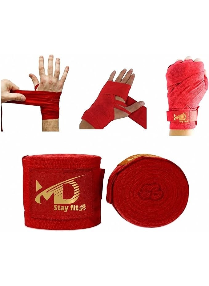 MD Stay Fit لفافات يد للملاكمة مع حلقة إبهام، بطول 5 متر، زوج واحد، أحمر - Image 1