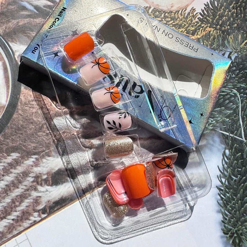 WULIUFLY High strength upgraded material Halloween Short Fake Nails Square Press on Nails French Tip Cute Glitter Acrylic Nails Pumpkin Leaves Glue on Nails Halloween Nails Press ons Orange Halloween Press on Nails for Women Manicure Decor All-in-one local deliver plan - Image 4