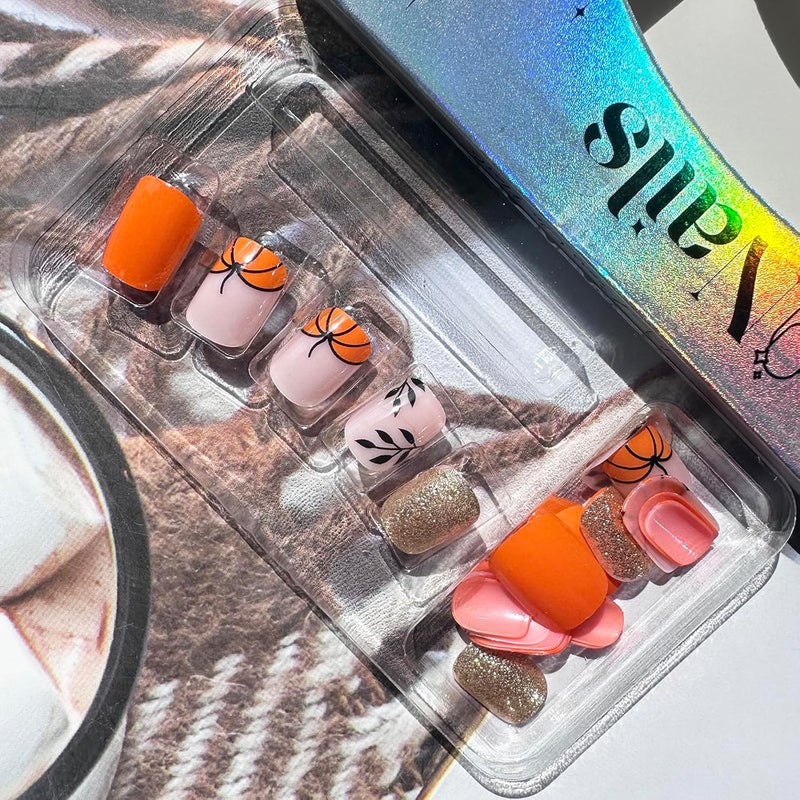 WULIUFLY High strength upgraded material Halloween Short Fake Nails Square Press on Nails French Tip Cute Glitter Acrylic Nails Pumpkin Leaves Glue on Nails Halloween Nails Press ons Orange Halloween Press on Nails for Women Manicure Decor All-in-one local deliver plan - Image 3