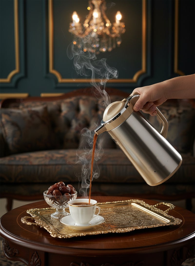 BASURRAH Thermal Tea & Coffee Flask Silver with Beige Touch – Double Wall Stainless Steel Insulated Jug in Multiple Sizes (1L / 1.3L / 1.6L / 1.9L), Ideal for Serving & Daily Use - Image 1