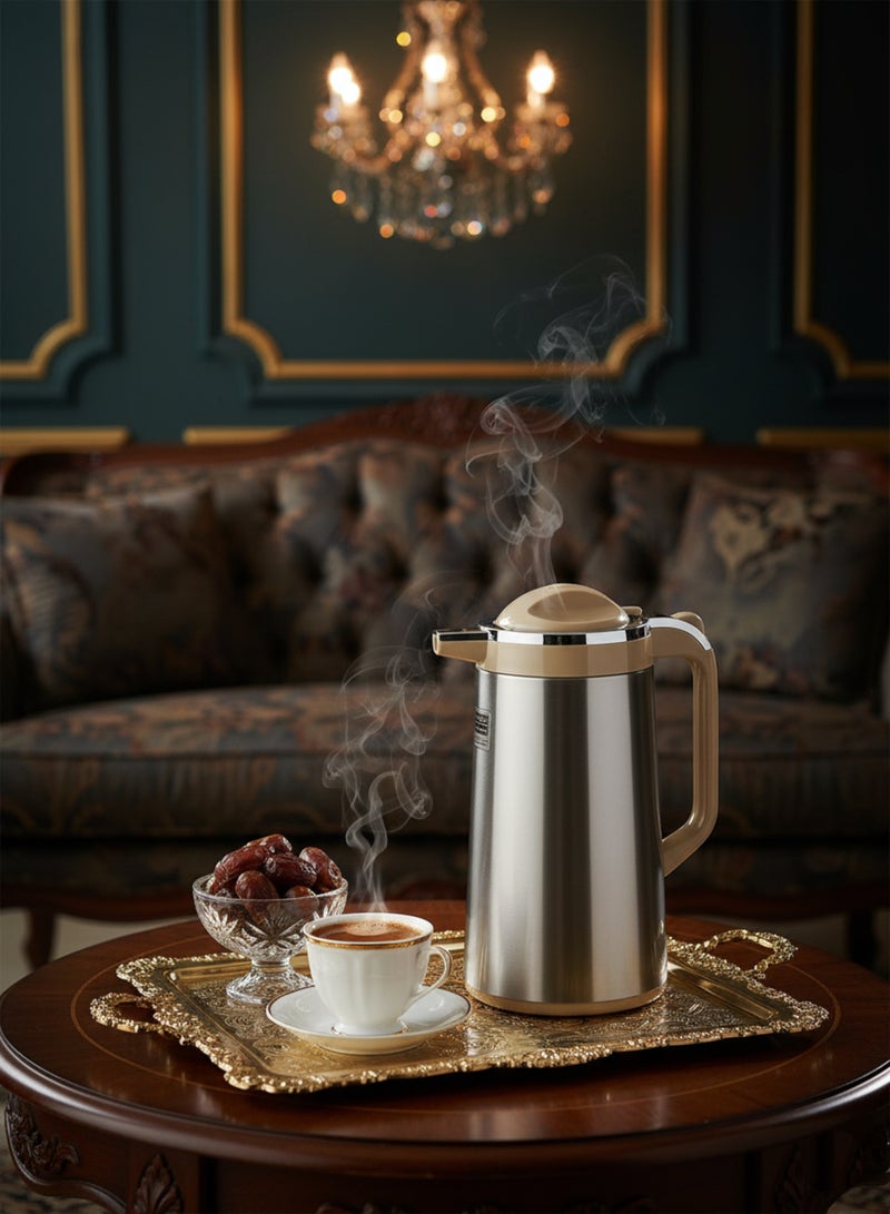 BASURRAH Thermal Tea & Coffee Flask Silver with Beige Touch – Double Wall Stainless Steel Insulated Jug in Multiple Sizes (1L / 1.3L / 1.6L / 1.9L), Ideal for Serving & Daily Use - Image 2