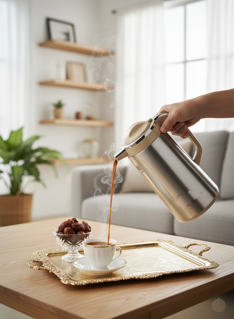 BASURRAH Thermal Tea & Coffee Flask Silver with Beige Touch – Double Wall Stainless Steel Insulated Jug in Multiple Sizes (1L / 1.3L / 1.6L / 1.9L), Ideal for Serving & Daily Use - Image 4