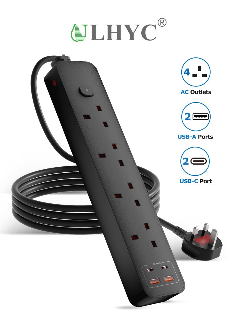 يو إل اتش واي سي محطة شحن USB لسطح المكتب مع سلك تحكم عن بعد بطول مترين، 4 منافذ تيار متردد، منفذان USB-C ومنفذان USB-A، قابس مسطح موفر للمساحة، مادة مقاومة للهب، قابلة للتركيب على الحائط، لون أسود - Image 1