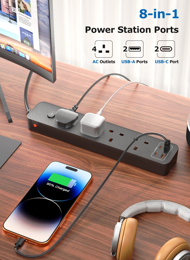 يو إل اتش واي سي محطة شحن USB لسطح المكتب مع سلك تحكم عن بعد بطول مترين، 4 منافذ تيار متردد، منفذان USB-C ومنفذان USB-A، قابس مسطح موفر للمساحة، مادة مقاومة للهب، قابلة للتركيب على الحائط، لون أسود - Image 2