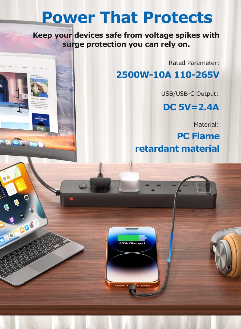 يو إل اتش واي سي محطة شحن USB لسطح المكتب مع سلك تحكم عن بعد بطول مترين، 4 منافذ تيار متردد، منفذان USB-C ومنفذان USB-A، قابس مسطح موفر للمساحة، مادة مقاومة للهب، قابلة للتركيب على الحائط، لون أسود - Image 3