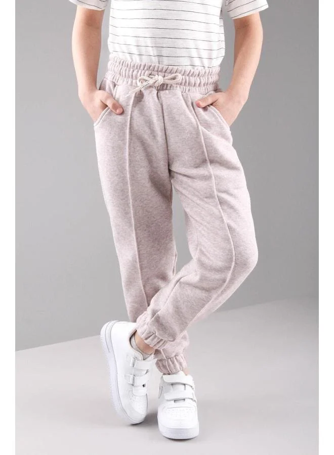 Perendi Elastic Waistband Fleece-Lined Pocketed Comfortable Unisex Kids Jogger Pants Beige.
