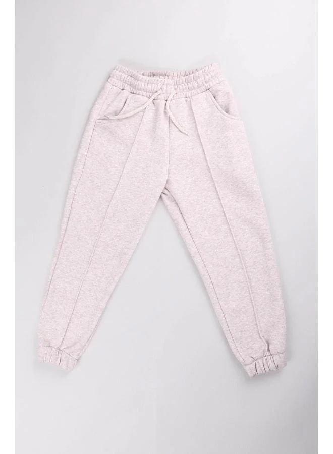 Perendi Elastic Waistband Fleece-Lined Pocketed Comfortable Unisex Kids Jogger Pants Beige.