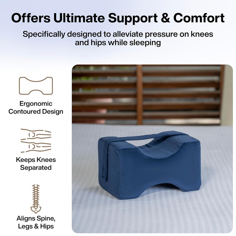 FOVERA Knee Pillow for Side Sleepers Knock Knee Corrector for Sleeping Memory Foam Leg Pillow Wedge Cushion for Side Sleeper Sciatica Pregnancy Hip Back Pain Relief Washable Cover Navy Blue - Image 2