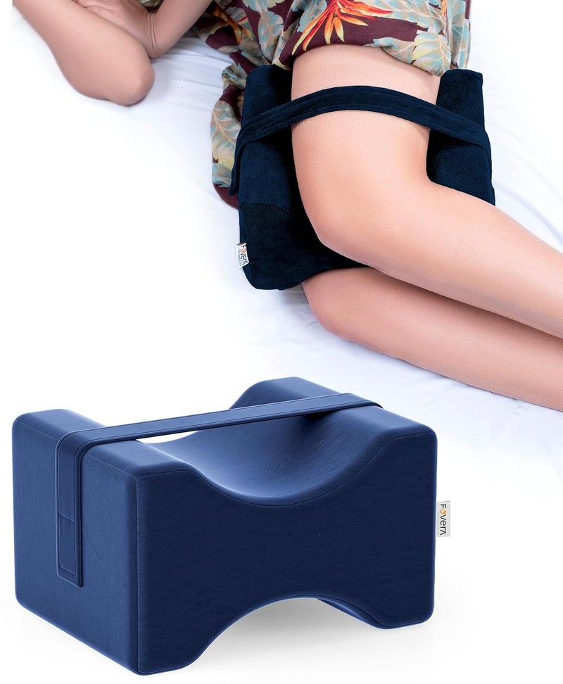 FOVERA Knee Pillow for Side Sleepers Knock Knee Corrector for Sleeping Memory Foam Leg Pillow Wedge Cushion for Side Sleeper Sciatica Pregnancy Hip Back Pain Relief Washable Cover Navy Blue - Image 1