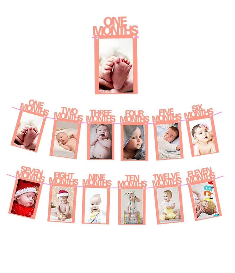TOYXE 40576 My First Year Pink Baby Rectangular Shape Wall Mount Photo Frame/Monthly Banner With String For Baby Picture/Kids Thickened Kraft Card Paper 1St Birthday Bunting Baby Photo Banner - Image 1