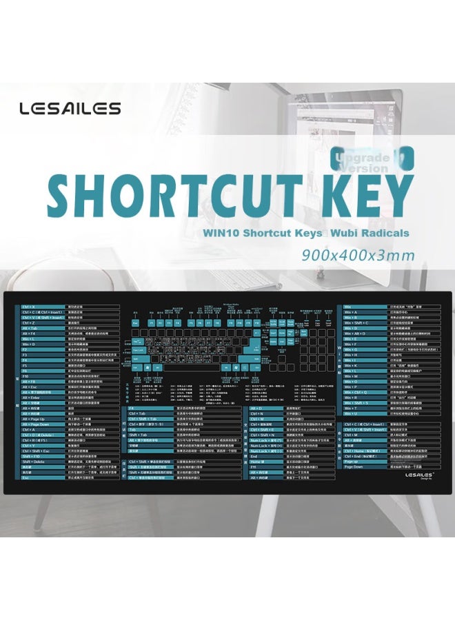 Lesailes Feidun Lesailes Win10 Shortcut Mouse Pad, Complete Set, Wubieziyugun, Extra Large, Lock Edge, Thickened, Office Computer Keyboard Desk Pad, Black, 900*400*3mm - Image 1