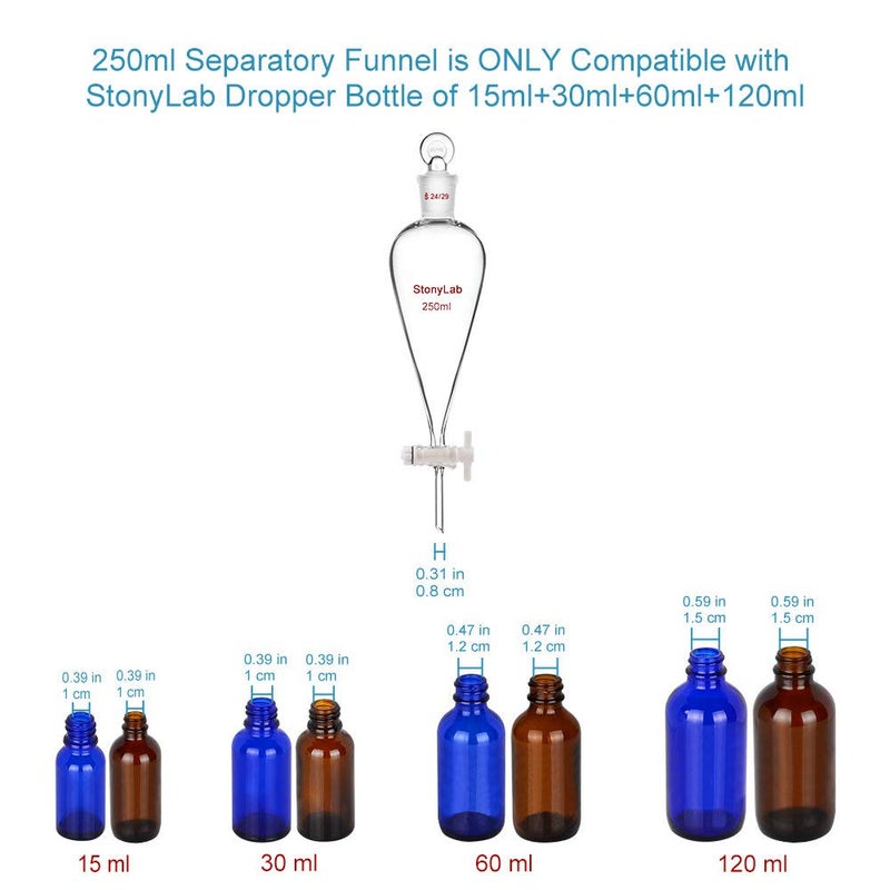 stonylab PTFE Stopcock Separatory Funnel 250ml, Borosilicate Glass Heavy Wall Conical Pear-Shaped Separation Funnel with 24/29 Joint - Image 2
