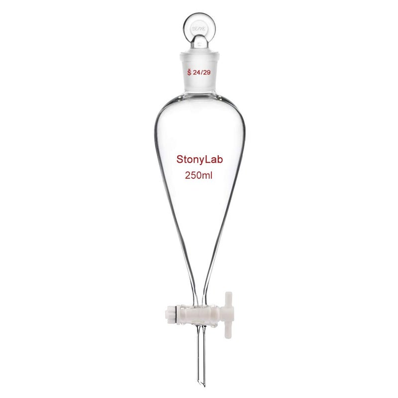 stonylab PTFE Stopcock Separatory Funnel 250ml, Borosilicate Glass Heavy Wall Conical Pear-Shaped Separation Funnel with 24/29 Joint - Image 1