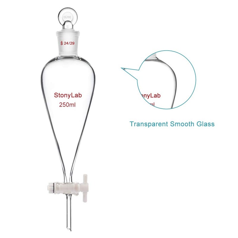 stonylab PTFE Stopcock Separatory Funnel 250ml, Borosilicate Glass Heavy Wall Conical Pear-Shaped Separation Funnel with 24/29 Joint - Image 5