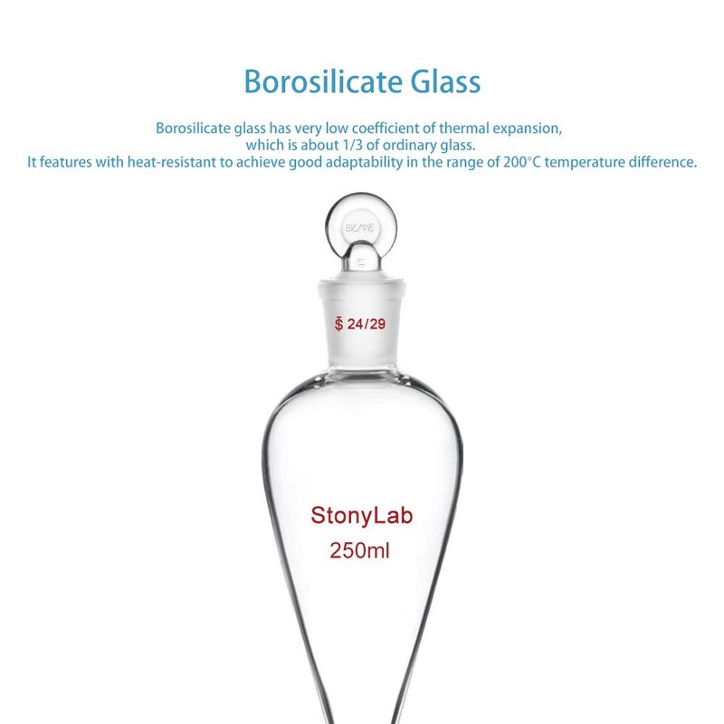 stonylab PTFE Stopcock Separatory Funnel 250ml, Borosilicate Glass Heavy Wall Conical Pear-Shaped Separation Funnel with 24/29 Joint - Image 4