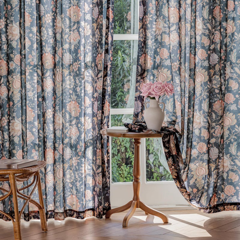 FMFUNCTEX Boho Floral Semi Sheer Curtains for Bedroom, Black Printed Vintage Flower Curtains 84 Inches Long for Living Room, Voile Light Filtering Privacy Window Drapes Rod Pocket 2 Panels - Image 1