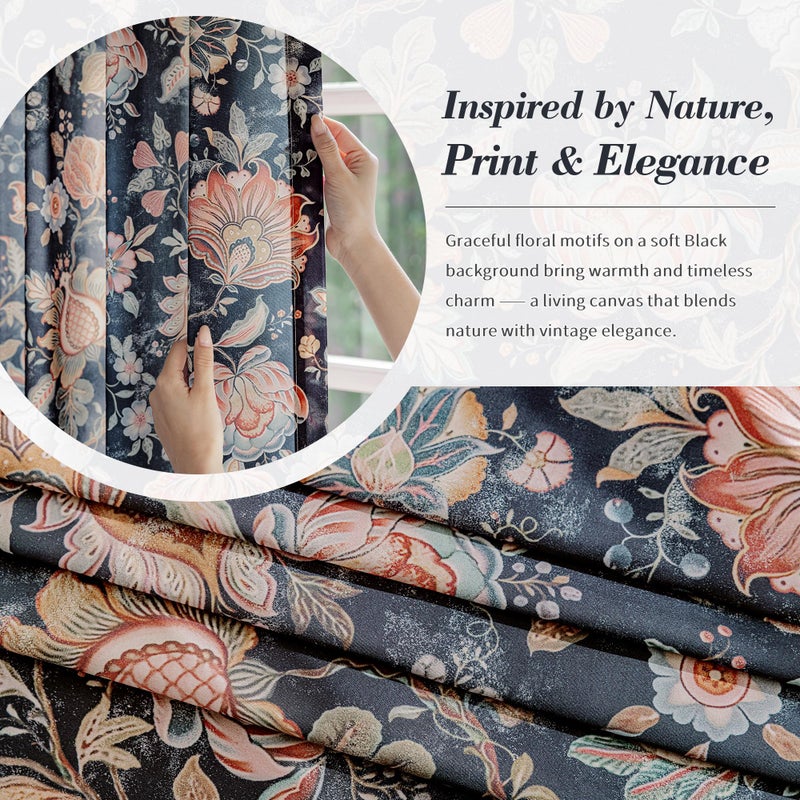 FMFUNCTEX Boho Floral Semi Sheer Curtains for Bedroom, Black Printed Vintage Flower Curtains 84 Inches Long for Living Room, Voile Light Filtering Privacy Window Drapes Rod Pocket 2 Panels - Image 4