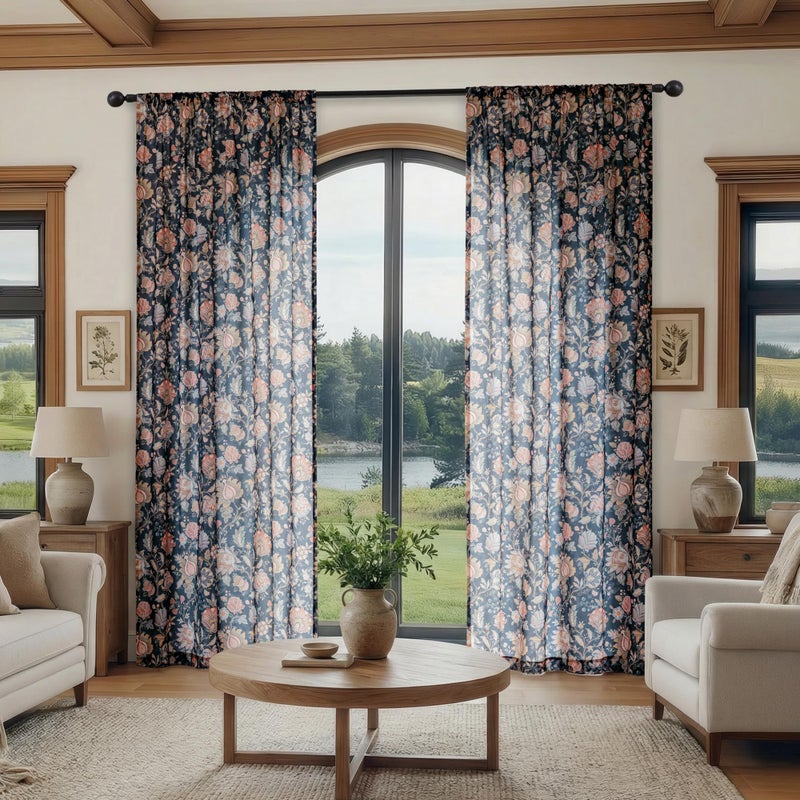 FMFUNCTEX Boho Floral Semi Sheer Curtains for Bedroom, Black Printed Vintage Flower Curtains 84 Inches Long for Living Room, Voile Light Filtering Privacy Window Drapes Rod Pocket 2 Panels - Image 2
