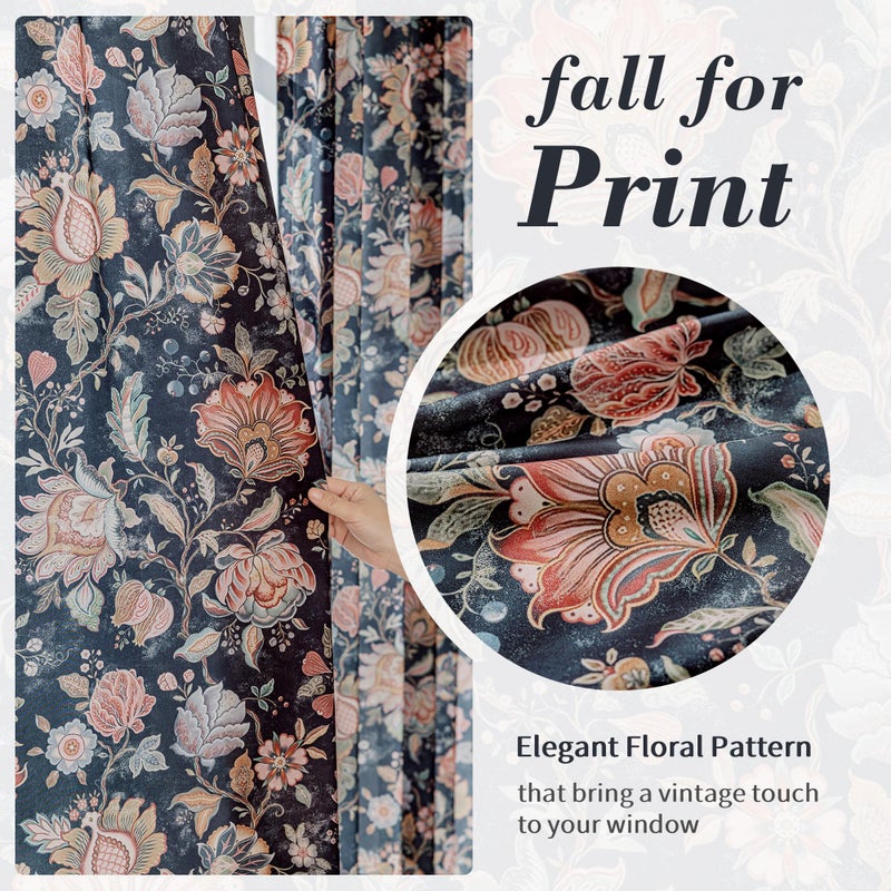 FMFUNCTEX Boho Floral Semi Sheer Curtains for Bedroom, Black Printed Vintage Flower Curtains 84 Inches Long for Living Room, Voile Light Filtering Privacy Window Drapes Rod Pocket 2 Panels - Image 3