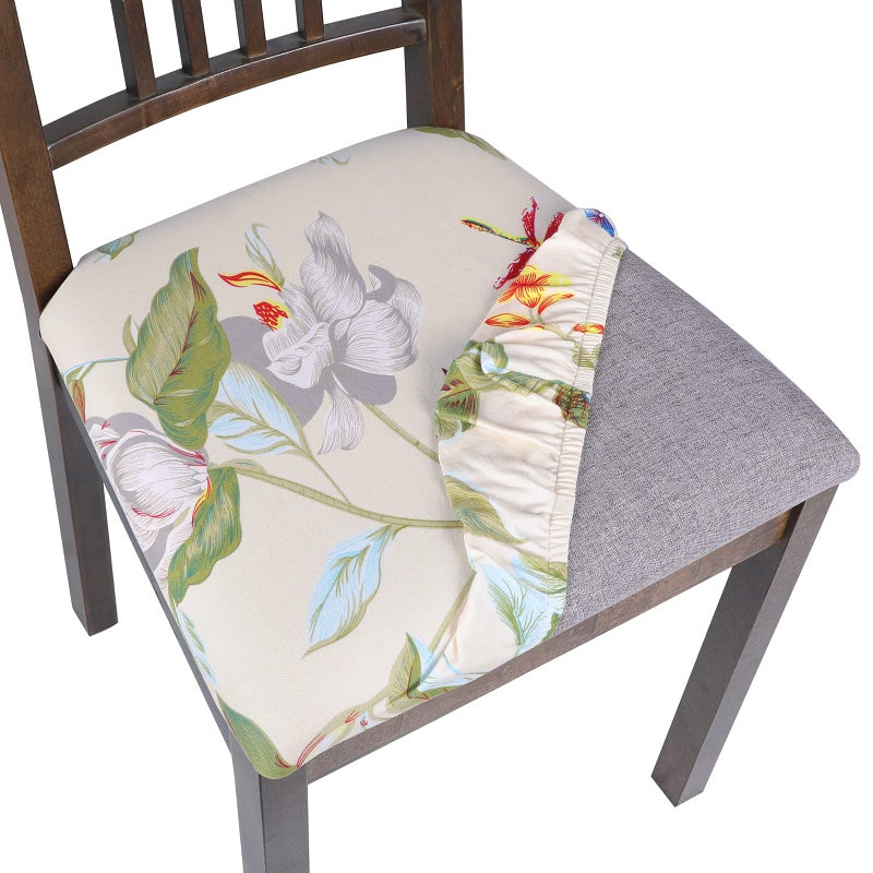 SearchI Seat Covers for Dining Room Chairs Stretch Printed Chair Seat Covers Set of 6 Removable Washable Upholstered Chair Seat Protector Cushion Slipcovers for Kitchen OfficeBeigeFlowers
