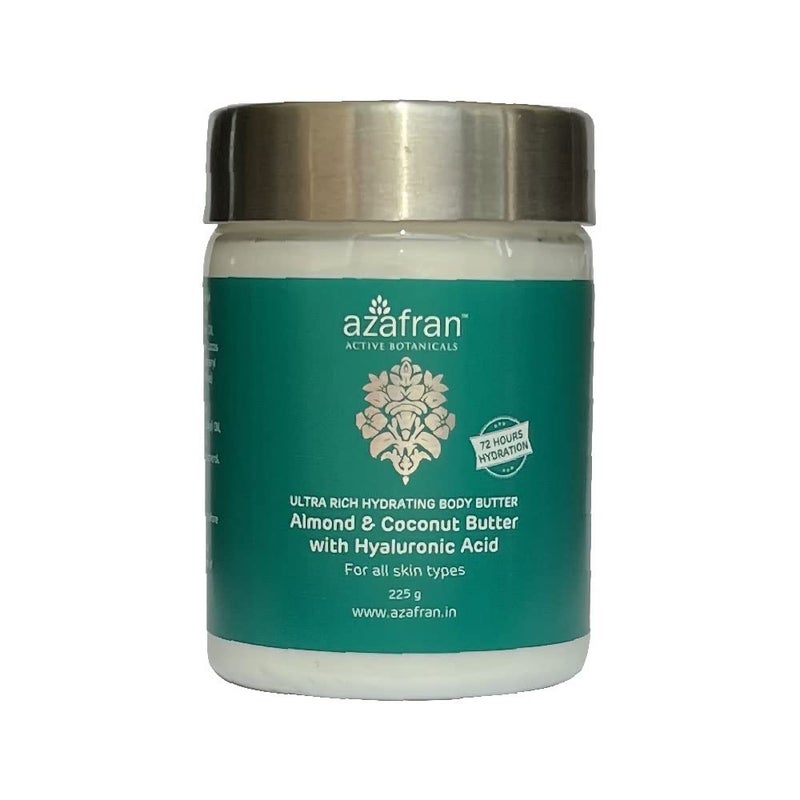 Azafran Organics Ultra Rich Hydrating Body Butter Cream For Smooth Soft  Dry Skin With Organic Almond Coconut Butter Hyaluronic Acid Non Greasy For All Skin Types 225g - Image 1