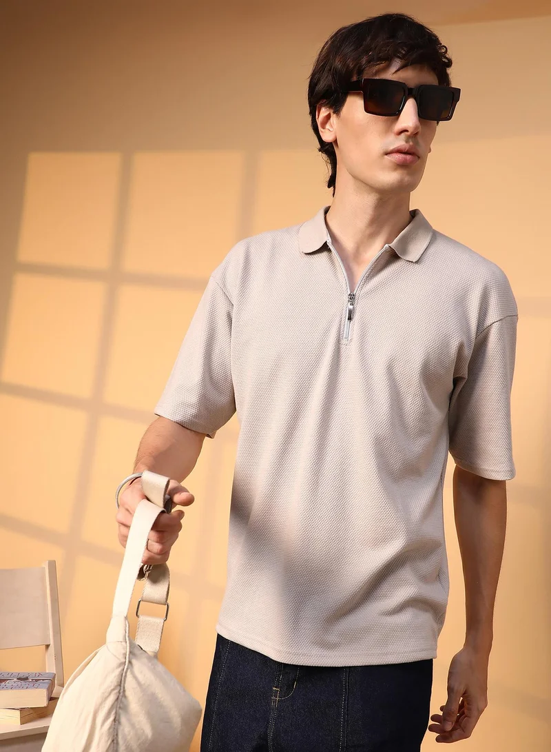 Men's Saltbox Beige Solid Oversized Polo T-Shirt For Casual Wear | Polo Neck | Short Sleeve | Half-Zip Closure | T-Shirt Crafted With Comfort Fit For Everyday Wear