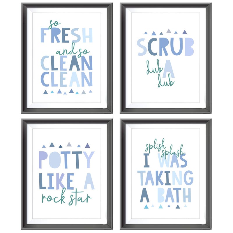 AEHIE So Fresh and Clean Colorful Bathroom Art Poster Prints for Home Kid Washroom Restroom Nursery Toilet Laundry Decor  Funny Bathroom Rules Word Decorations Prints Wall Art Unframed 4pcs 12x16in(Blue) - Image 1