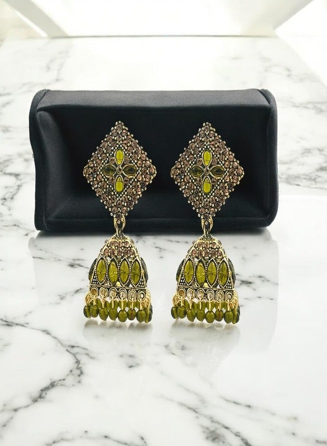 Stylewell Traditional Olive Green Color Jhumka Earrings Set for Women & Girls,antique Gold Plated Ethnic Jewelry,lightweight Oxidized Indian Earrings for Festive & Party - Image 5
