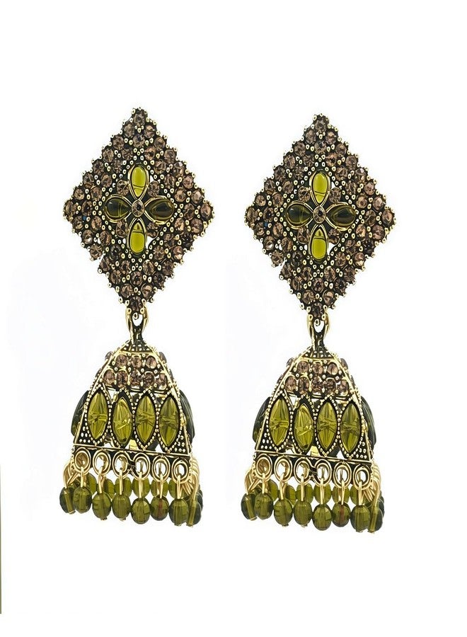 Stylewell Traditional Olive Green Color Jhumka Earrings Set for Women & Girls,antique Gold Plated Ethnic Jewelry,lightweight Oxidized Indian Earrings for Festive & Party - Image 1