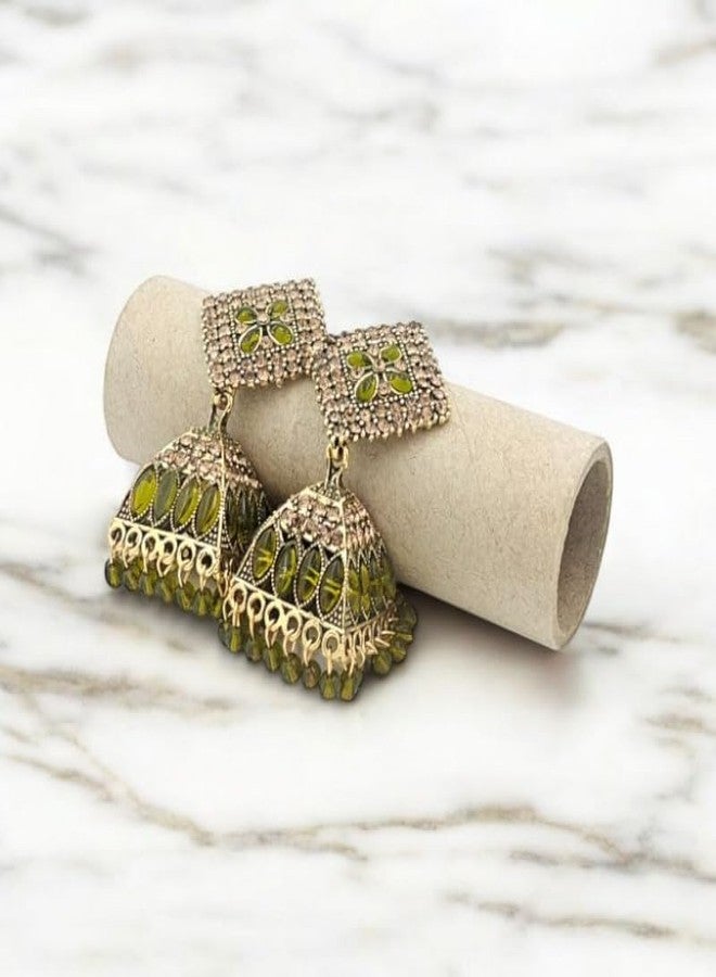 Stylewell Traditional Olive Green Color Jhumka Earrings Set for Women & Girls,antique Gold Plated Ethnic Jewelry,lightweight Oxidized Indian Earrings for Festive & Party - Image 4