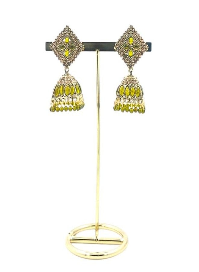 Stylewell Traditional Olive Green Color Jhumka Earrings Set for Women & Girls,antique Gold Plated Ethnic Jewelry,lightweight Oxidized Indian Earrings for Festive & Party - Image 3